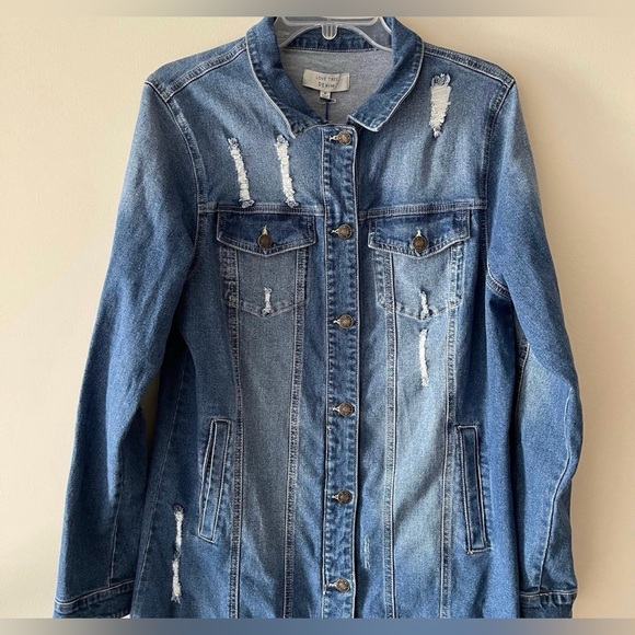 Blue Medium Wash Button-up  Midi Distressed Denim Jacket Dress - Picture 5 of 11
